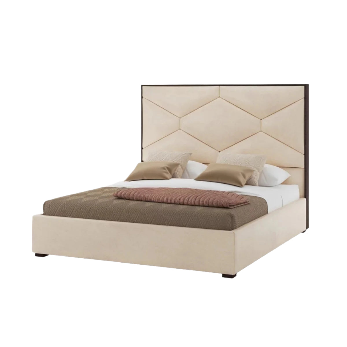 Francesca bed with beige diamond-patterned headboard and layered bedding