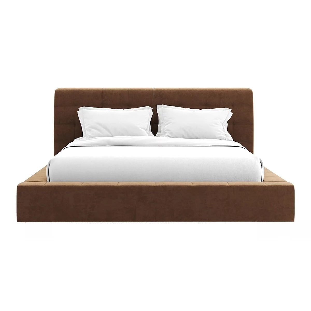 Martina double bed with brown upholstered frame and white bedding