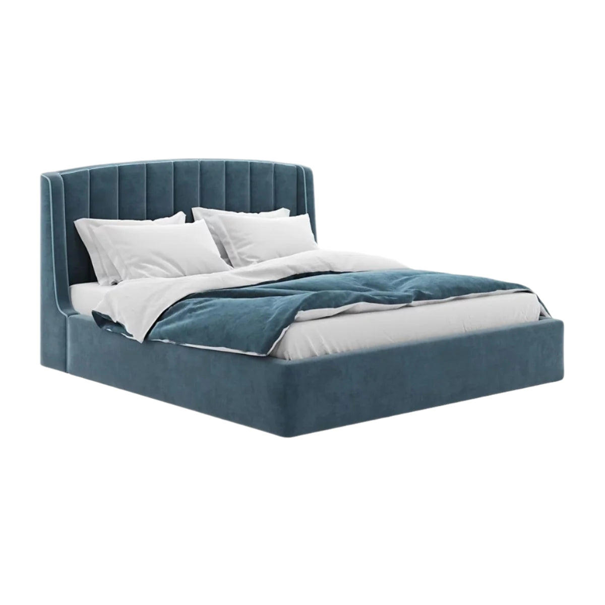 Amable bed with blue upholstered headboard and white bedding