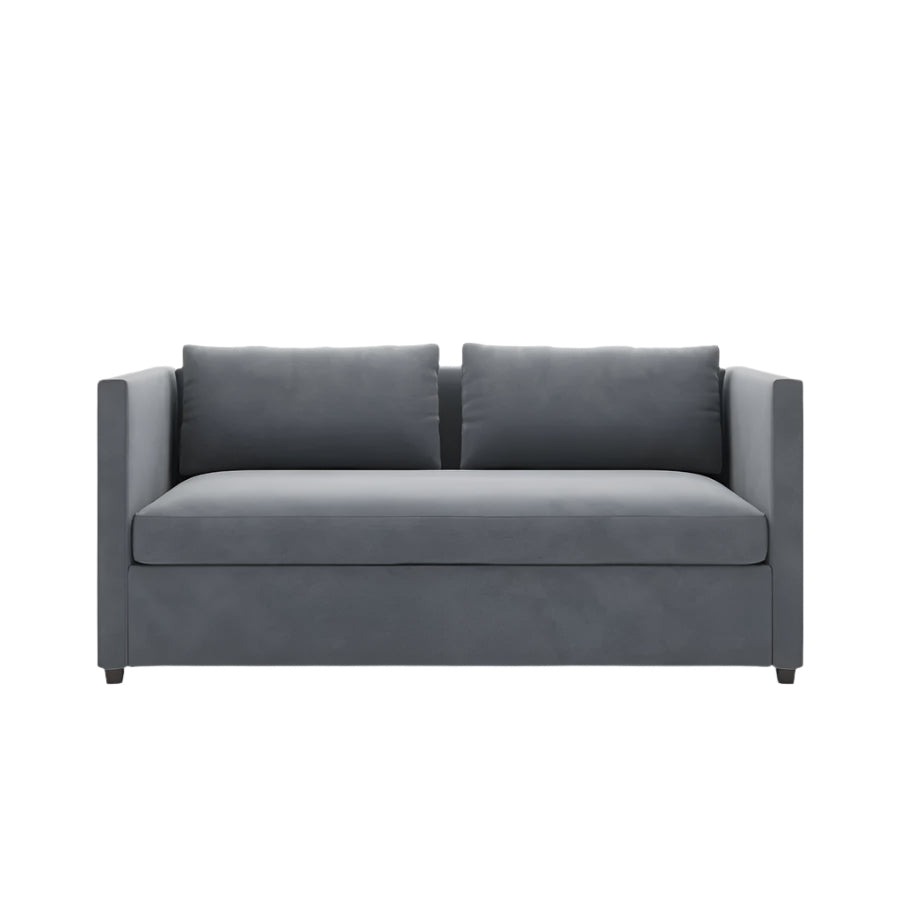 Erik 2 seater sofa in grey fabric with two back cushions and straight armrests