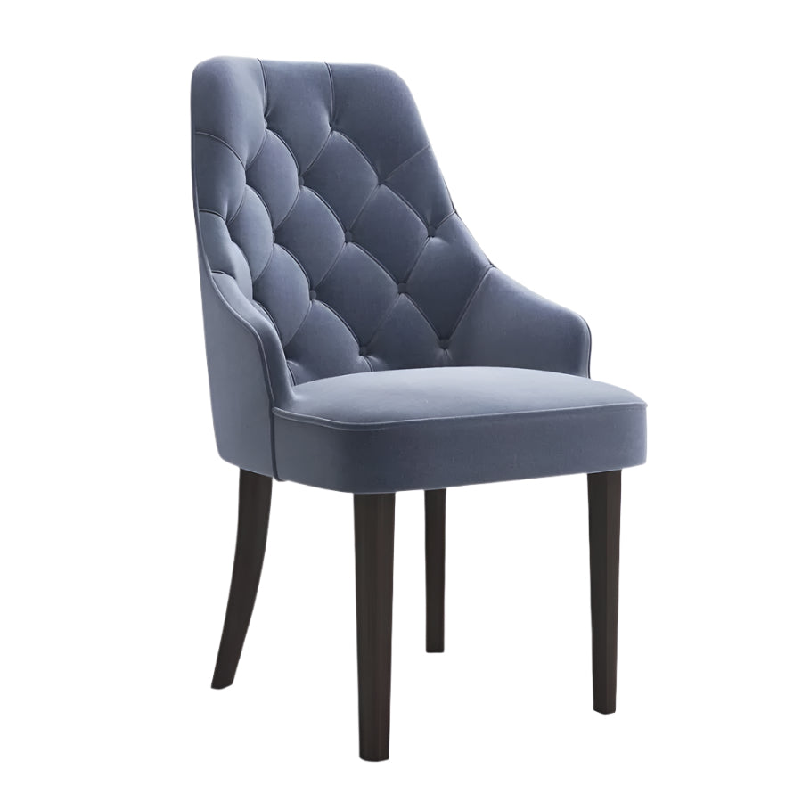 Giacomo dining chair with blue tufted back and dark wood legs