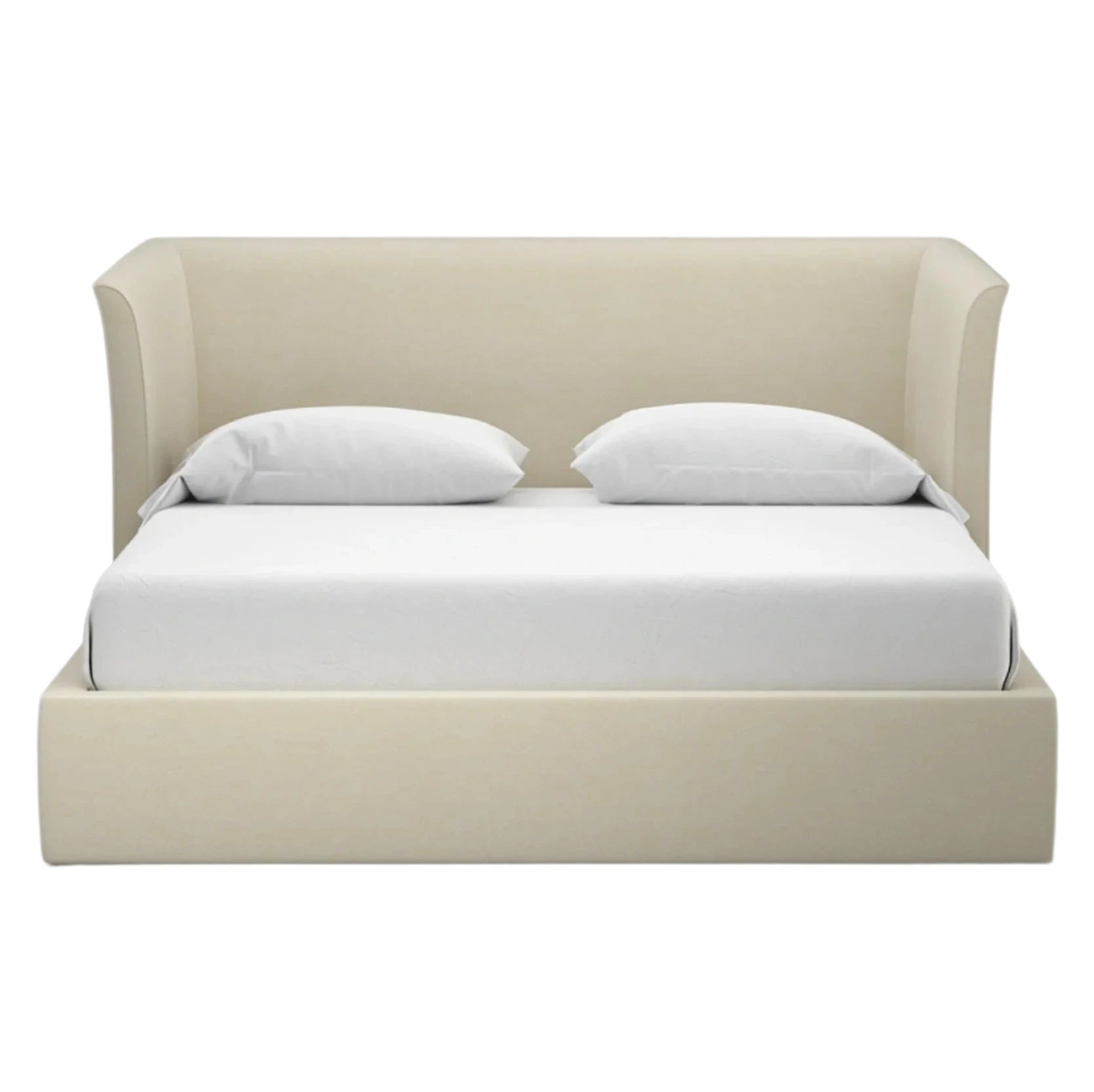 Double bed with padded wraparound headboard in beige upholstery, styled with white bedding and a striped blanket