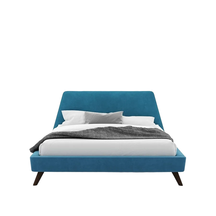 Oscar Bed with Blue Upholstered Headboard and Mid-Century Wooden Legs