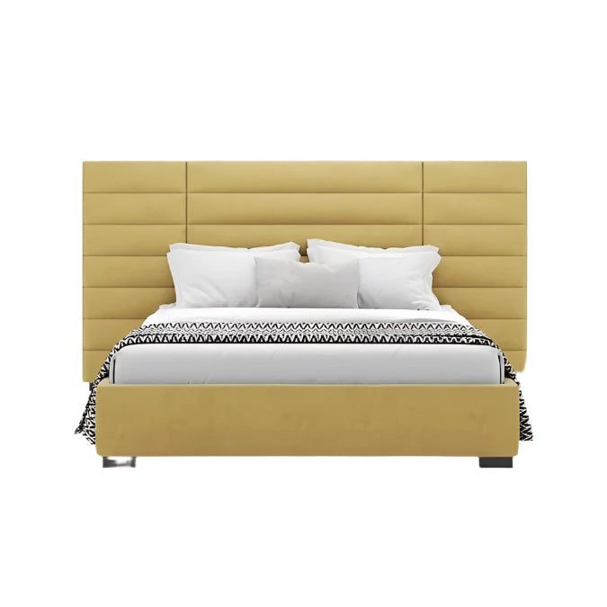 Front view of Harald bed with extended, linear headboard