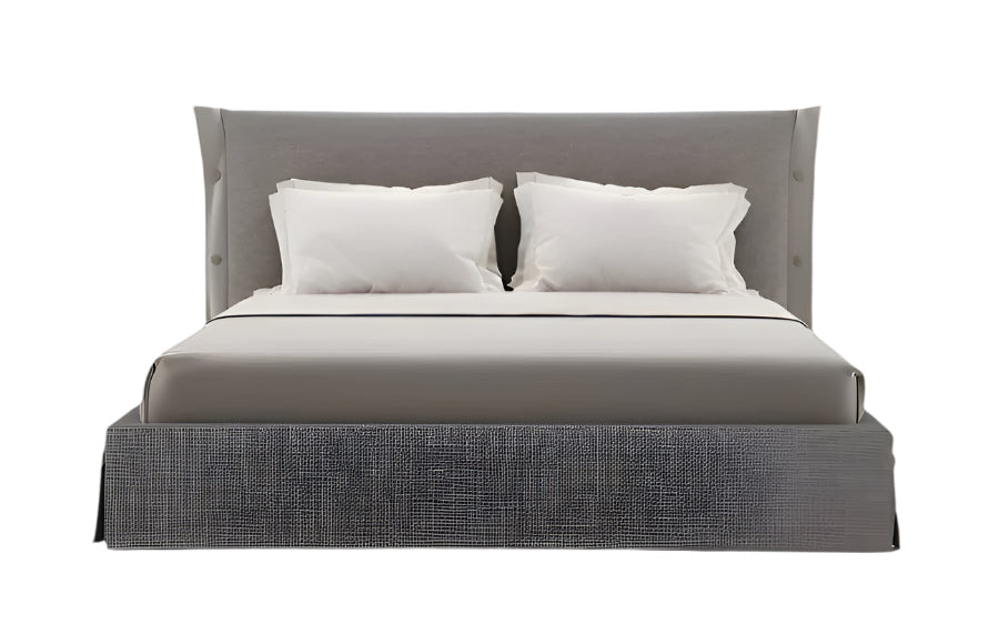 Upholstered bed in grey fabric with button detailing and modern silhouette