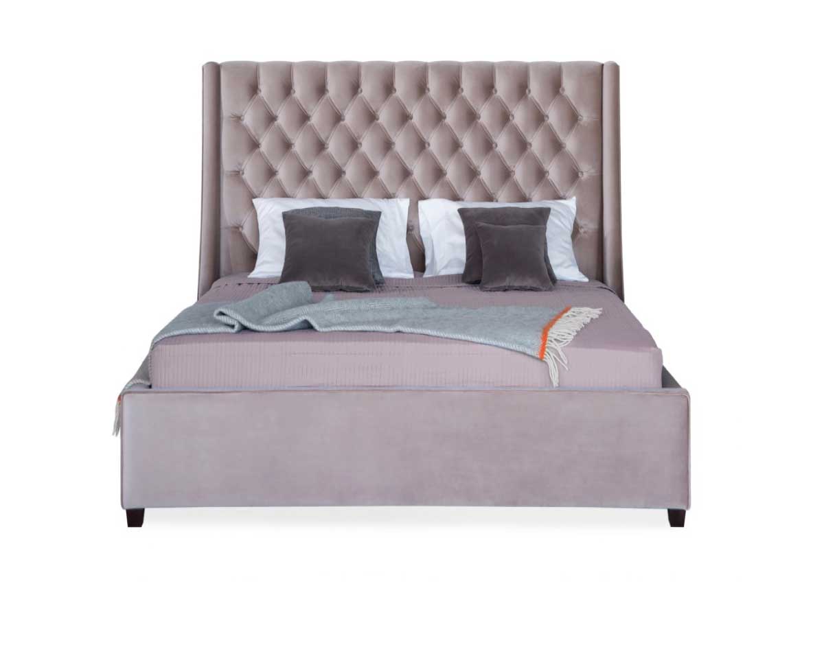 Emerald Beige Double Bed with Tufted High Headboard and Upholstered Frame