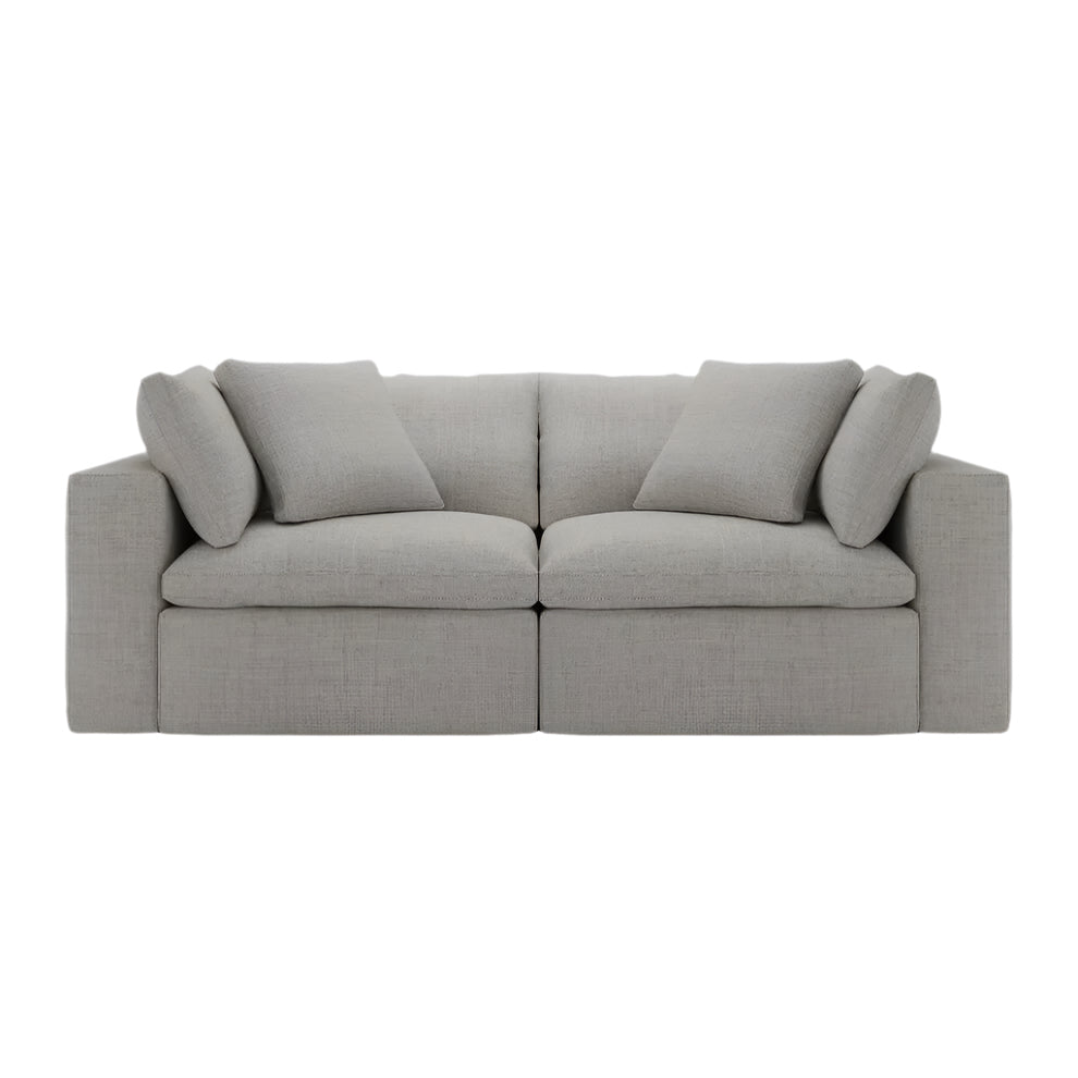 Ari 2 seater modular sofa in grey fabric with boxy design and four cushions