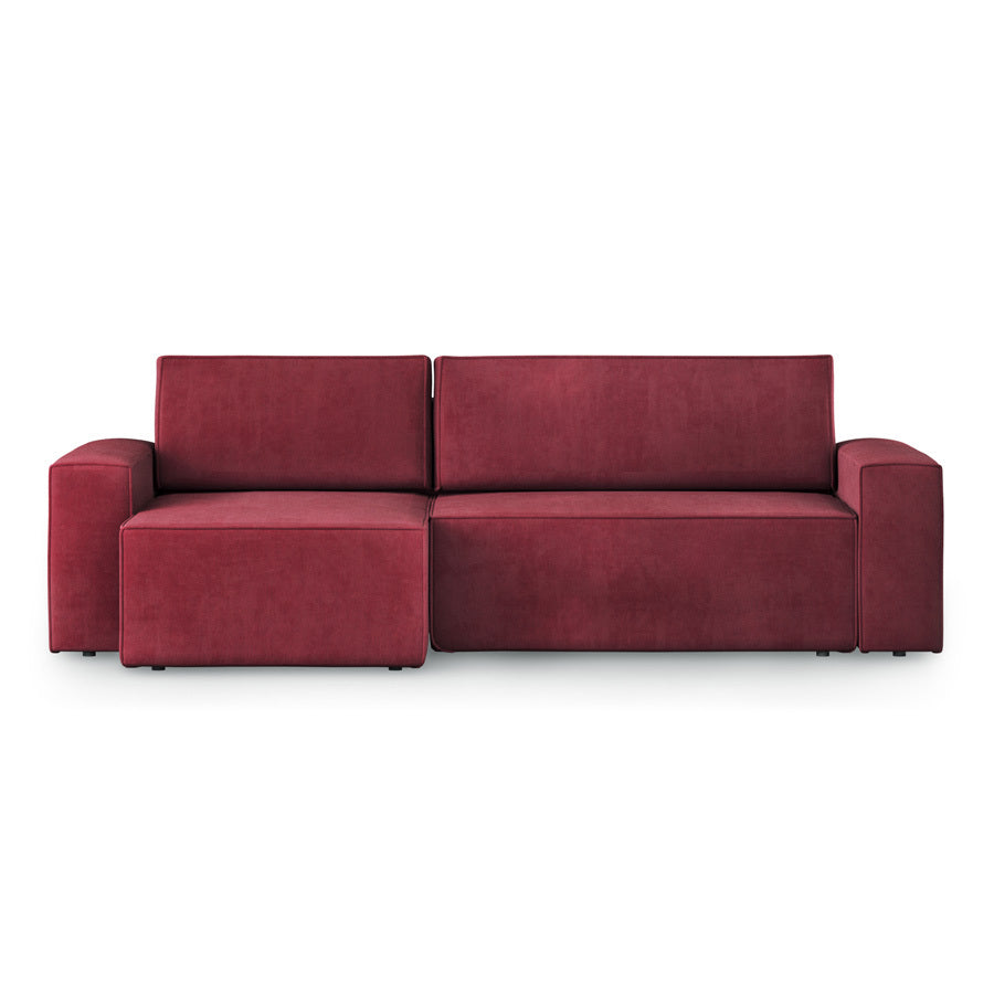 Red Hola corner sofa with two seats, plush upholstery, and a left-side extended section against a white background.