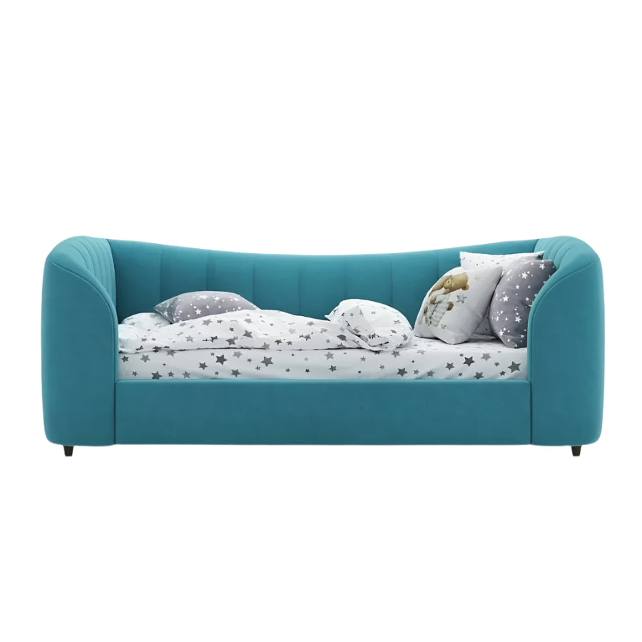 Isabella kids daybed in teal velvet with side panels
