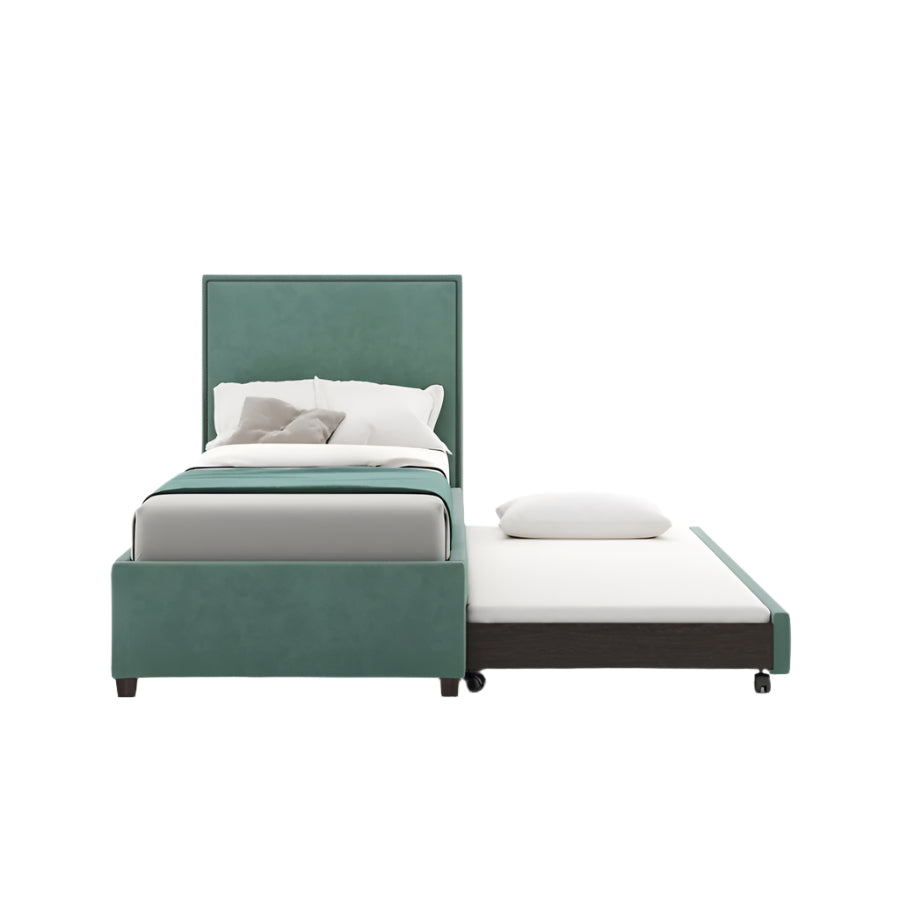 Georgia single bed in emerald green velvet with white bedding and pillows