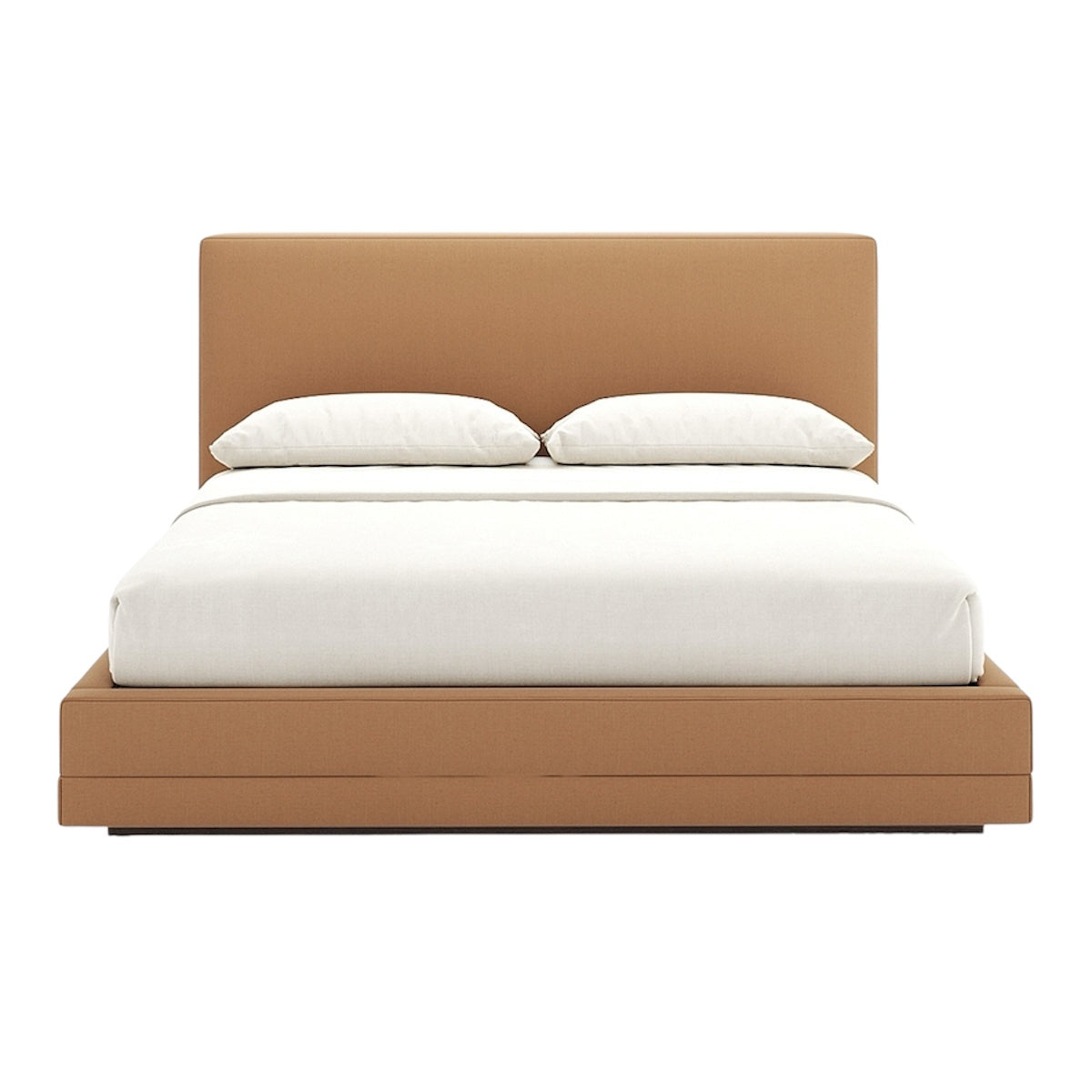 Lit Grace avec tête de lit rembourrée beige et literie blanche minimaliste