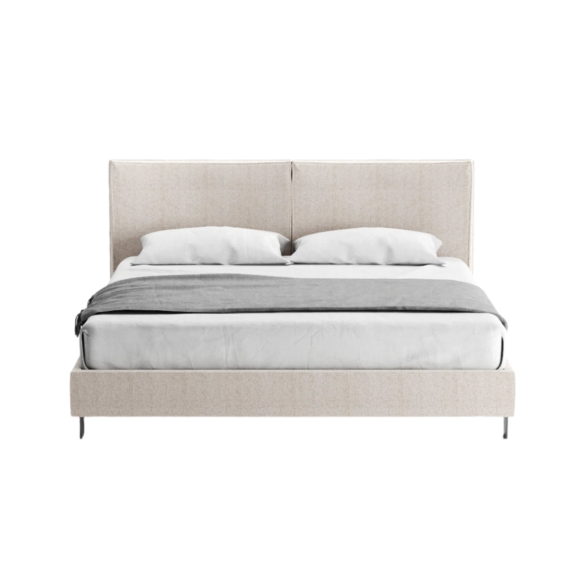 Lia upholstered bed in light grey fabric with simple silhouette