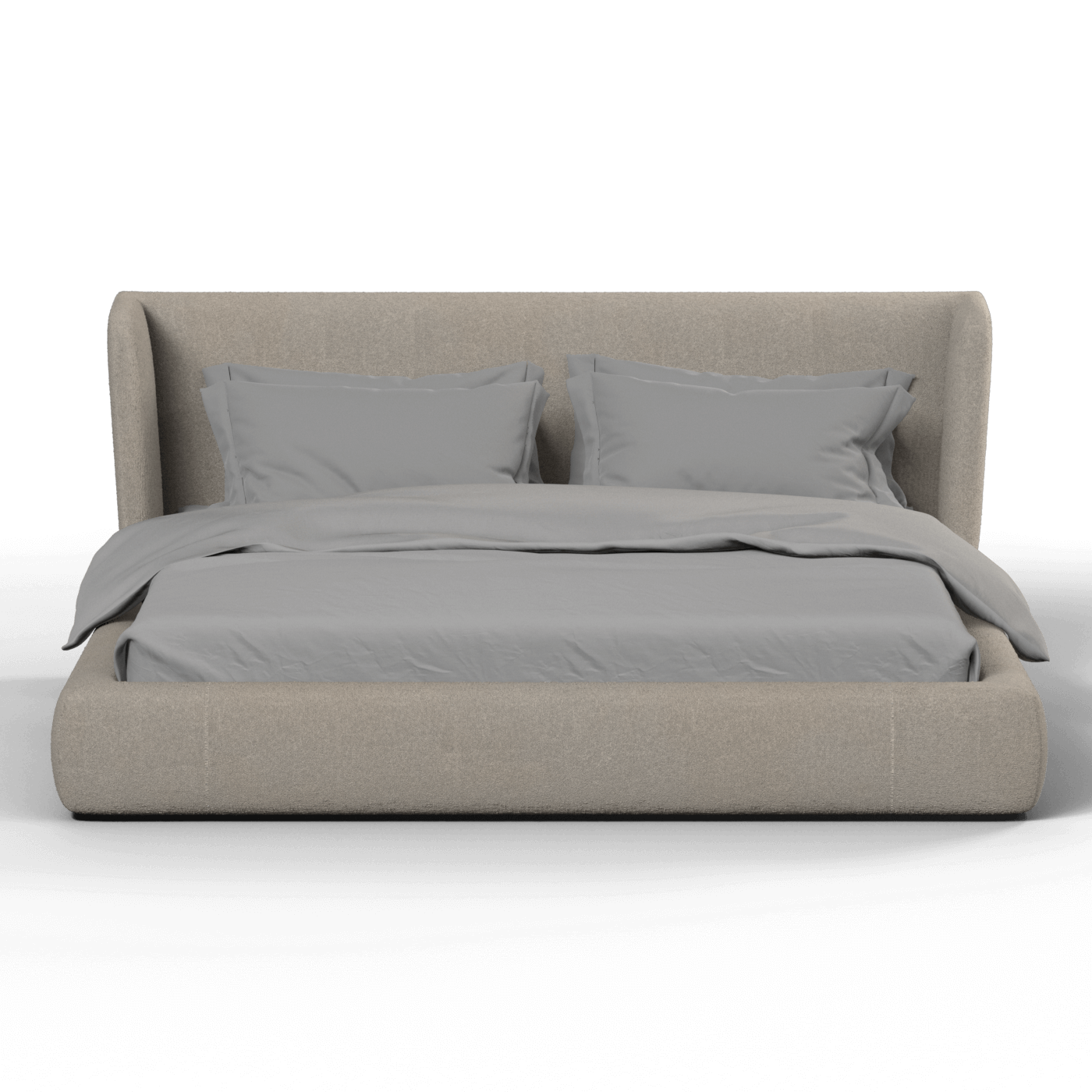 A modern low-profile bed with a cushioned frame in gray upholstery, featuring a wrap-around design. The bed is dressed with a gray comforter and has two matching pillows.