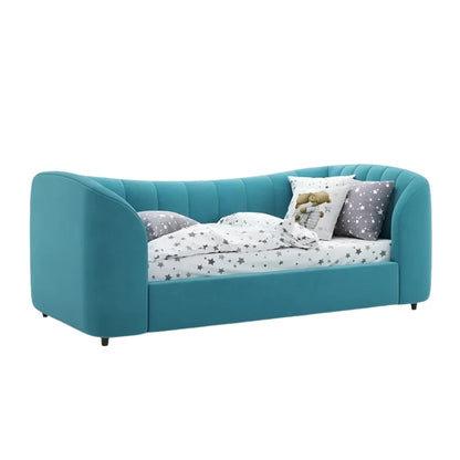 Colorful upholstered kids bed with smooth velvet finish