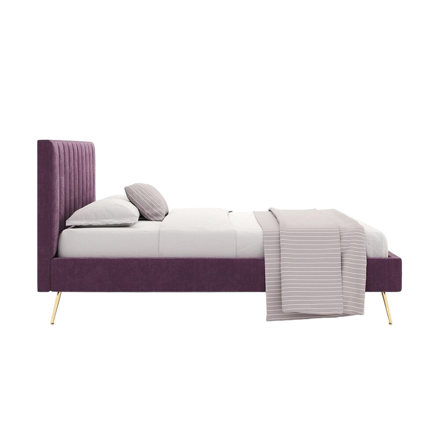 Charlotte Bed with Purple Upholstered Frame and Gold Legs