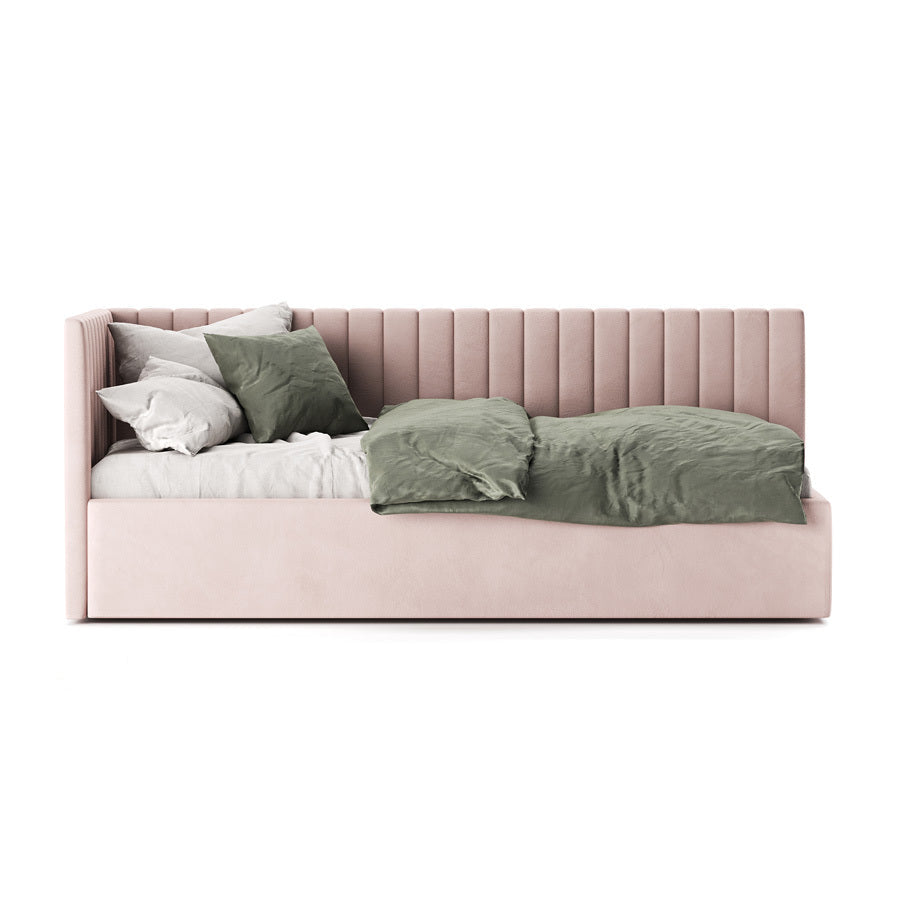 Peony kids bed in soft pink stripes with upholstered headboard