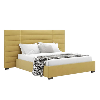 The front perspective of Harald's bed with a long, straight headboard.