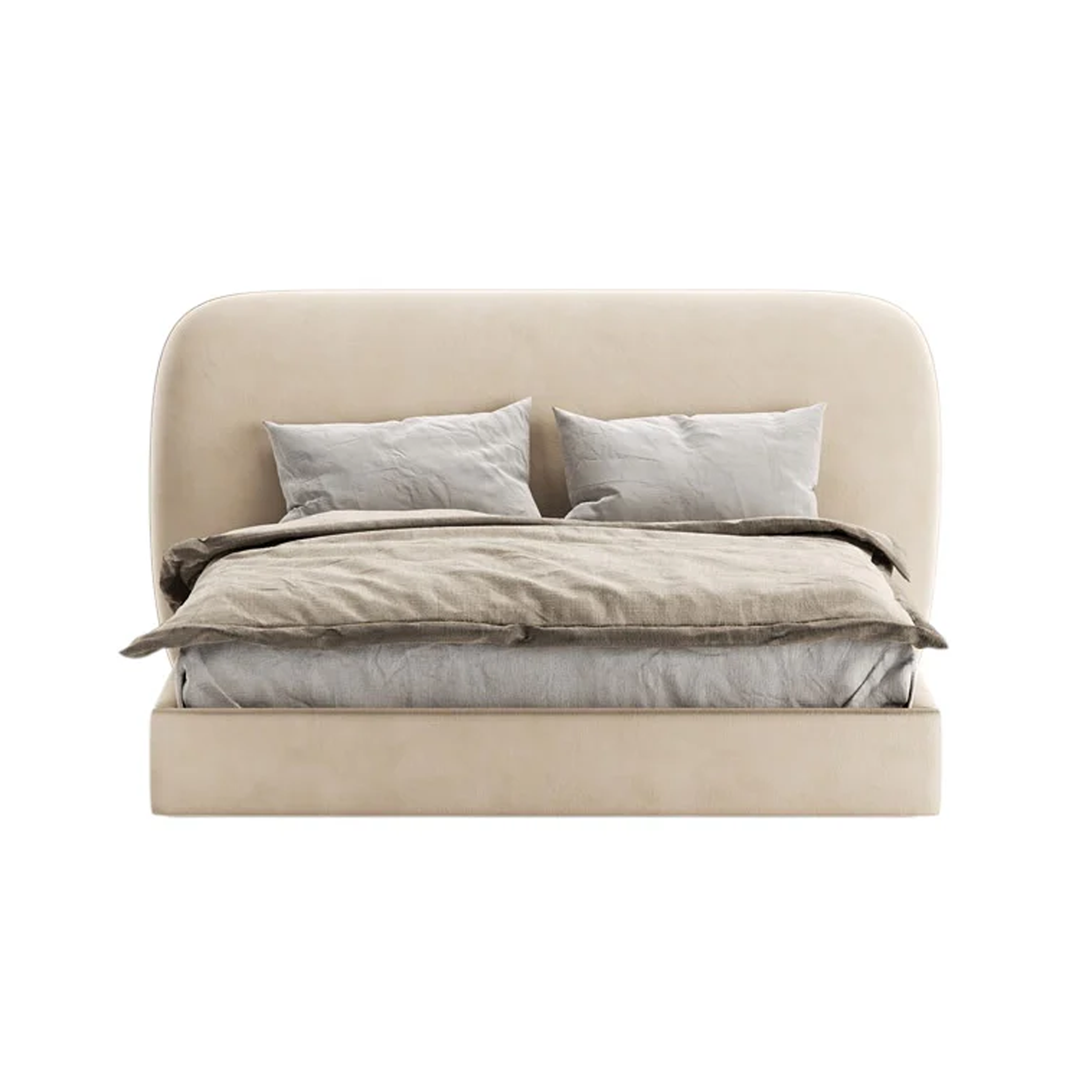 Lit double tulipe avec tête de lit arrondie rembourrée en tissu beige