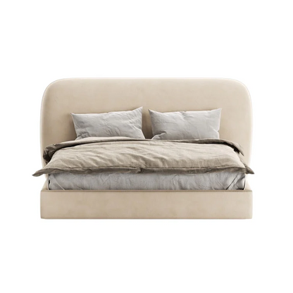 Lit double tulipe avec tête de lit arrondie rembourrée en tissu beige