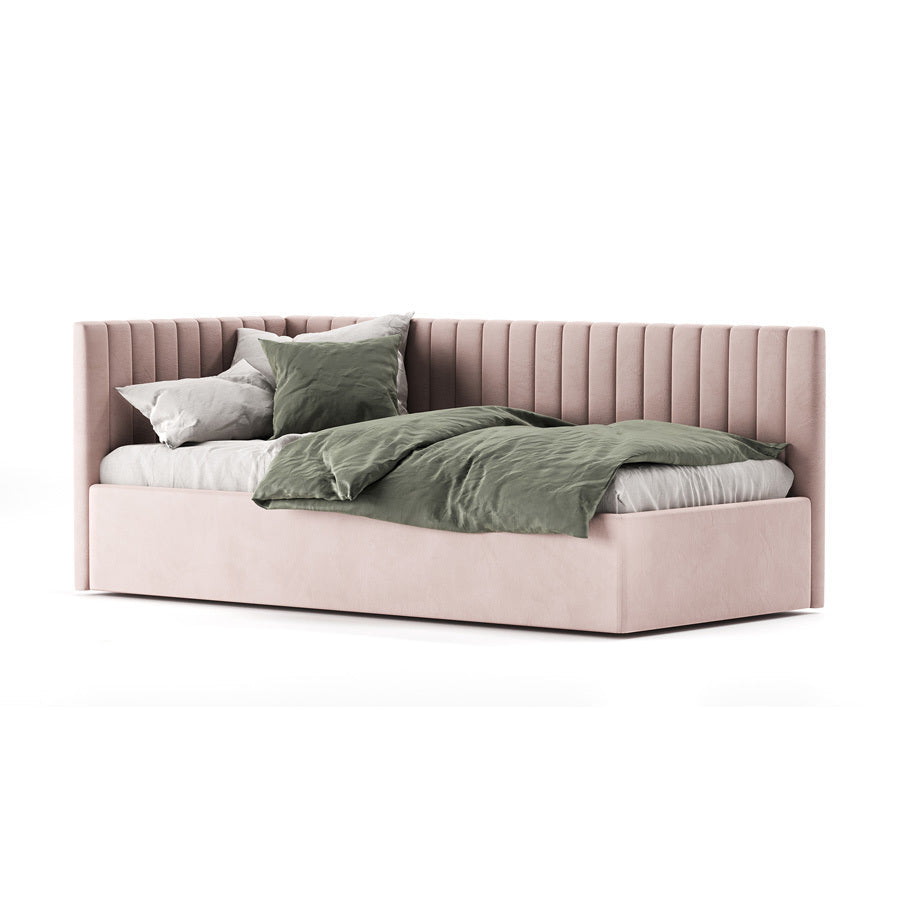 Striped fabric kids bed with comfortable frame and neutral tones