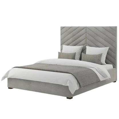 Modern upholstered Annika bed featuring a tall grey headboard with chevron detailing, perfect for contemporary bedrooms.