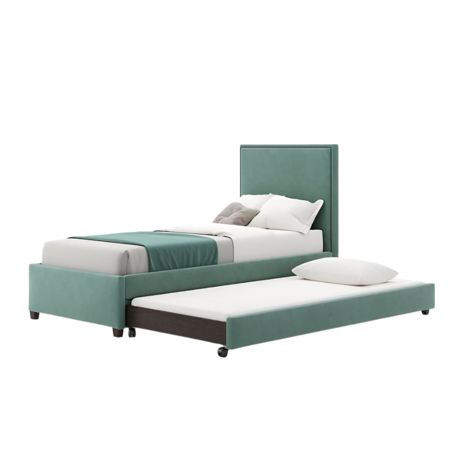 Emerald green upholstered headboard of Georgia single bed
