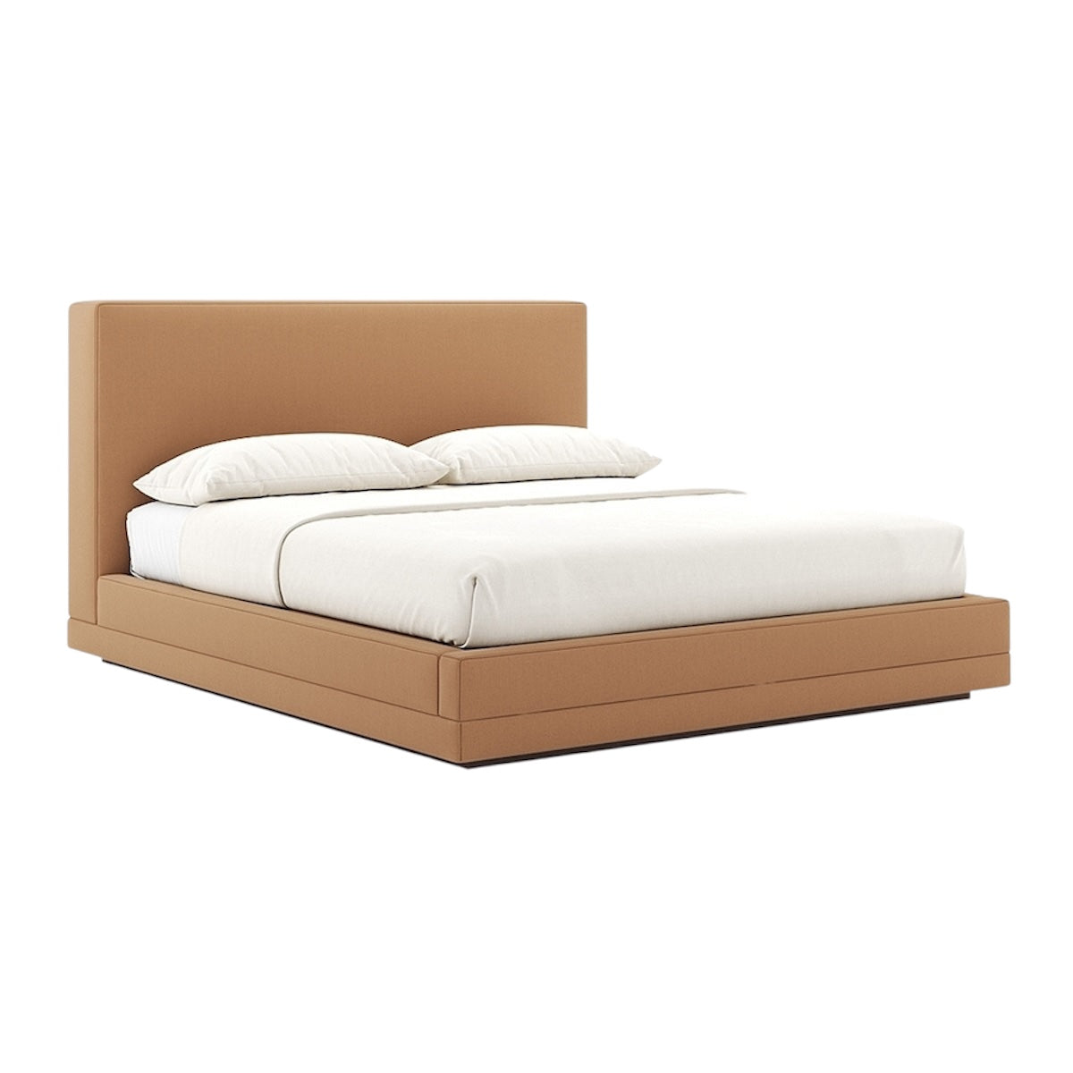 Lit Grace avec tête de lit rembourrée beige et literie blanche minimaliste