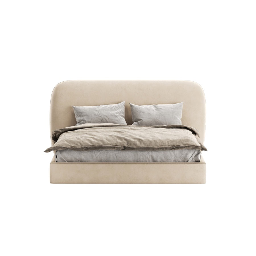 Lit double tulipe avec tête de lit arrondie rembourrée en tissu beige