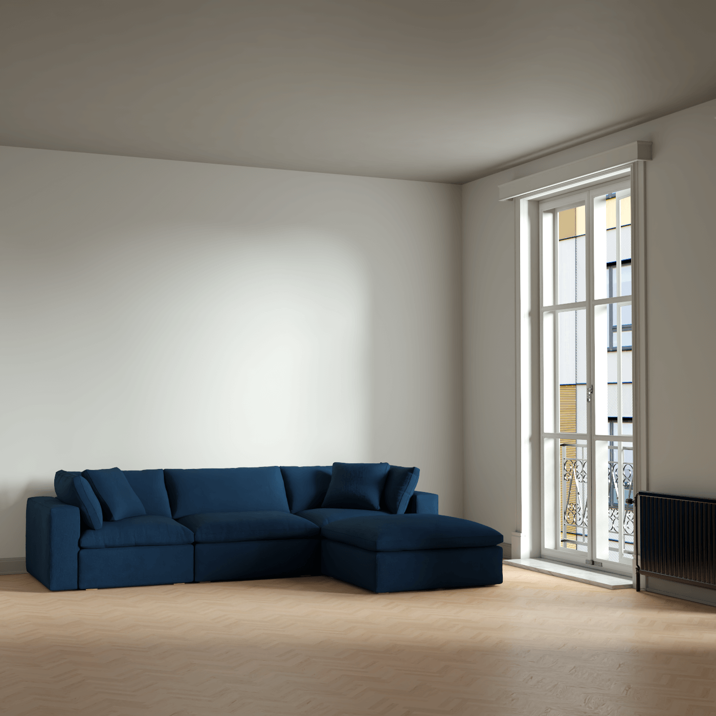 Canapé d'angle modulaire trois places Ari avec personnalisation complète du tissu