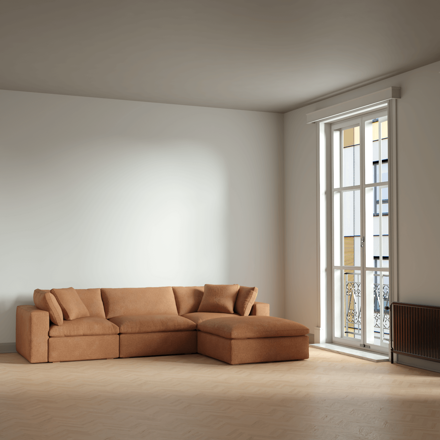 Canapé d'angle modulaire trois places Ari avec personnalisation complète du tissu