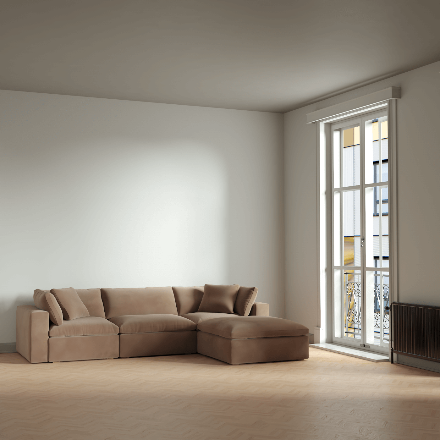 Canapé d'angle modulaire trois places Ari avec personnalisation complète du tissu