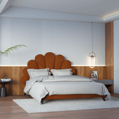 Evelina Curved Headboard Bed in Soft Upholstery