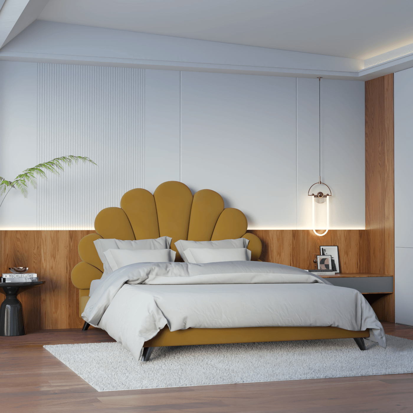 Evelina Curved Headboard Bed in Soft Upholstery