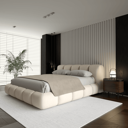 Fluffy Upholstered Bed Frame in Textured Bouclé
